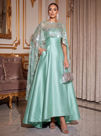 A-Line Mother Of The Bride Dresses Elegant Satin Asymmetrical Sequined Cape Sleeves Bateau Neck With Pocket Wedding Guest