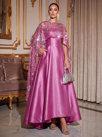 A-Line Mother Of The Bride Dresses Elegant Satin Asymmetrical Sequined Cape Sleeves Bateau Neck With Pocket Wedding Guest
