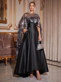 A-Line Mother Of The Bride Dresses Elegant Satin Asymmetrical Sequined Cape Sleeves Bateau Neck With Pocket Wedding Guest