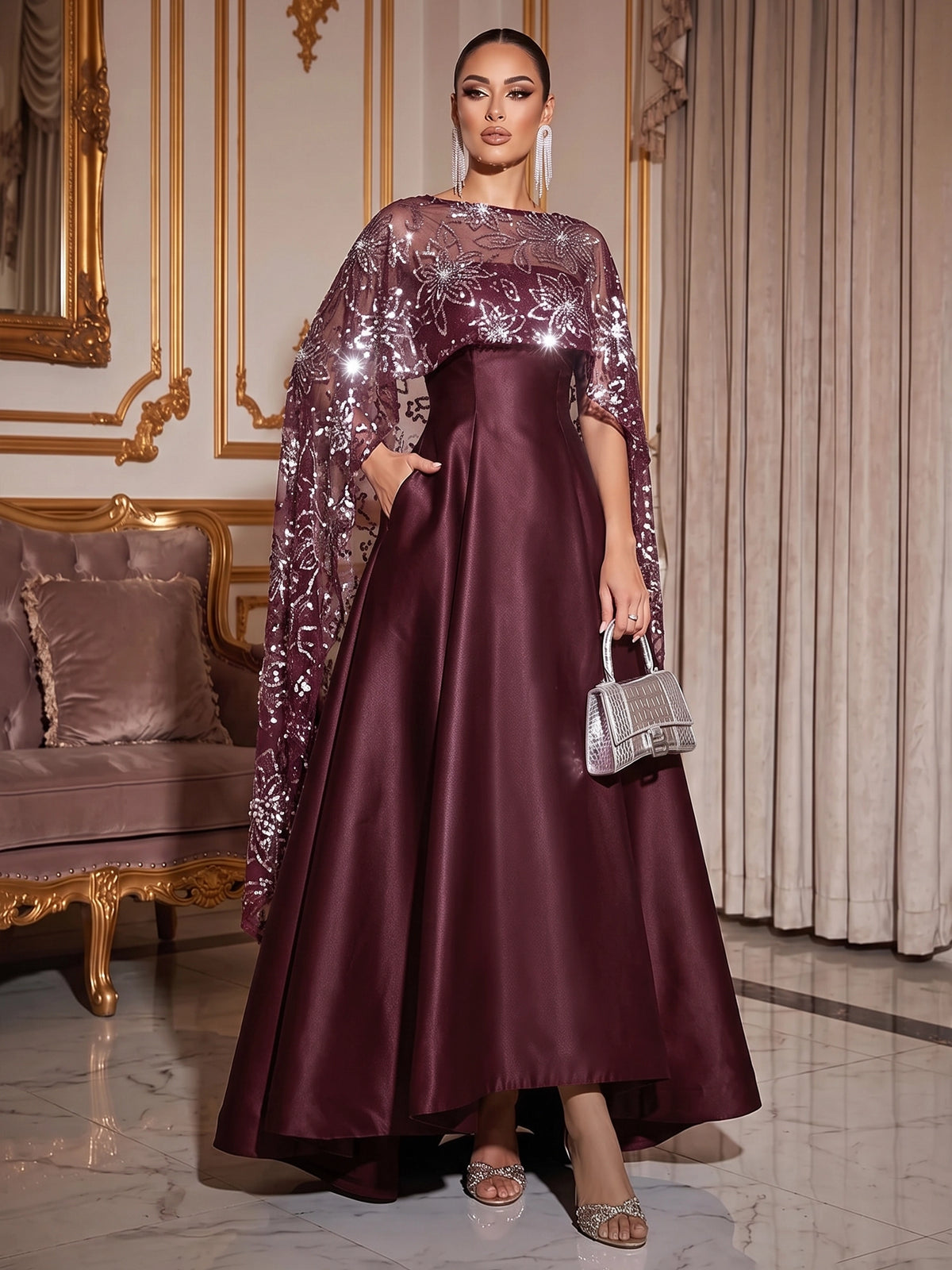 A-Line Mother Of The Bride Dresses Elegant Satin Asymmetrical Sequined Cape Sleeves Bateau Neck With Pocket Wedding Guest