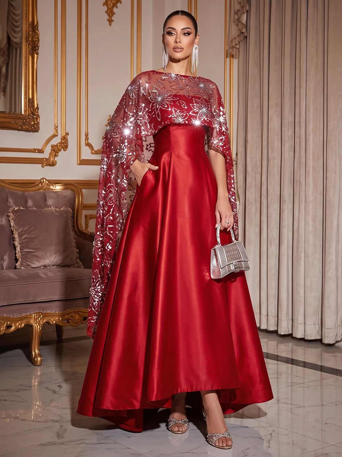 A-Line Mother Of The Bride Dresses Elegant Satin Asymmetrical Sequined Cape Sleeves Bateau Neck With Pocket Wedding Guest