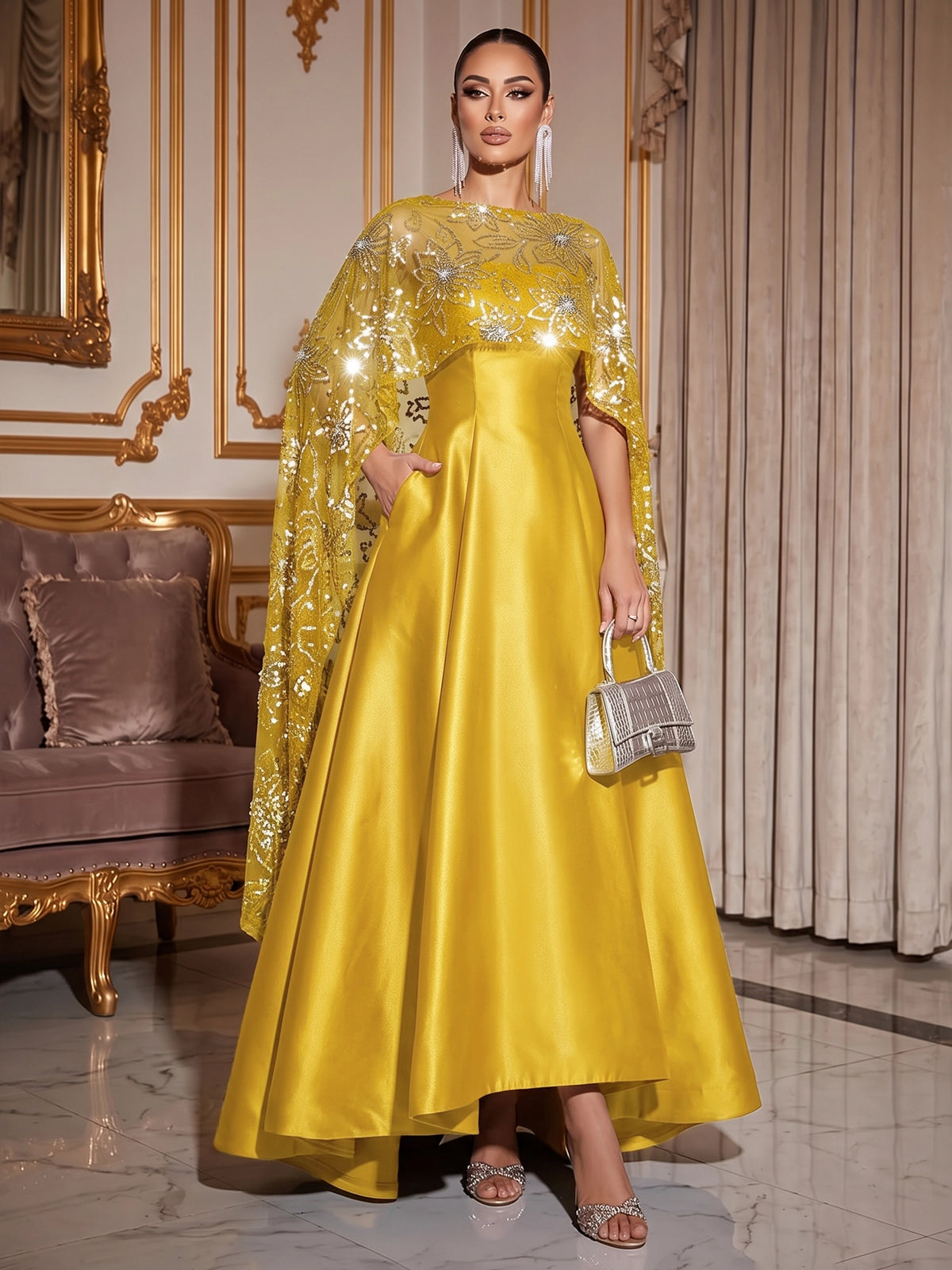 A-Line Mother Of The Bride Dresses Elegant Satin Asymmetrical Sequined Cape Sleeves Bateau Neck With Pocket Wedding Guest