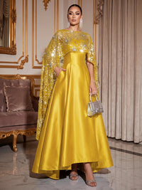 A-Line Mother Of The Bride Dresses Elegant Satin Asymmetrical Sequined Cape Sleeves Bateau Neck With Pocket Wedding Guest