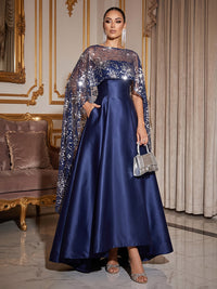 A-Line Mother Of The Bride Dresses Elegant Satin Asymmetrical Sequined Cape Sleeves Bateau Neck With Pocket Wedding Guest