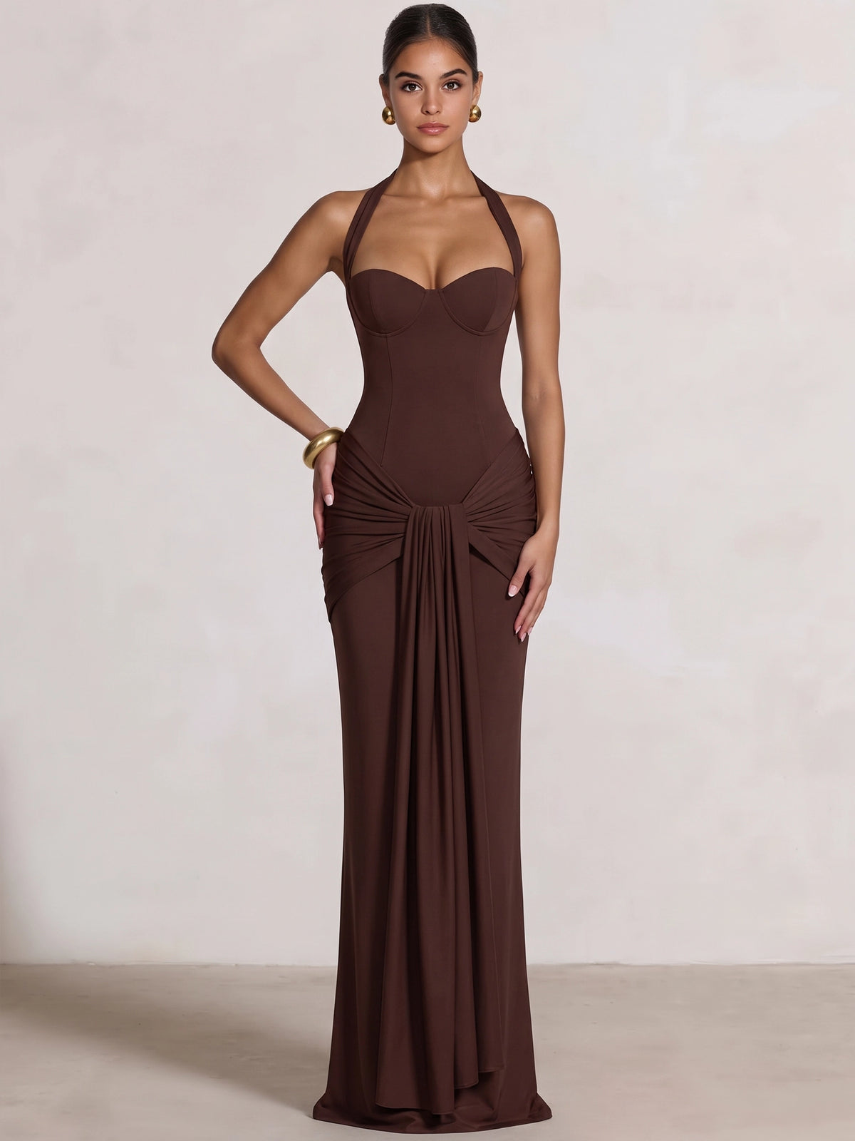 Sheath/Column Evening Dresses Draped Halter Neck Sweetheart Sleeveless Floor-Length Runched Lace-Up Formal Wedding Guest Dresses