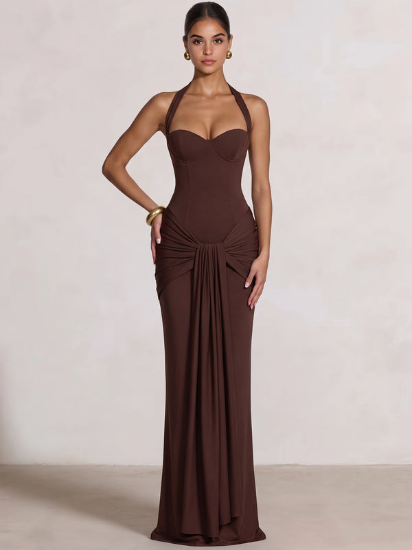 Sheath/Column Evening Dresses Halter Neck Sweetheart Sleeveless Floor-Length Runched Lace-Up Formal Wedding Guest Dresses