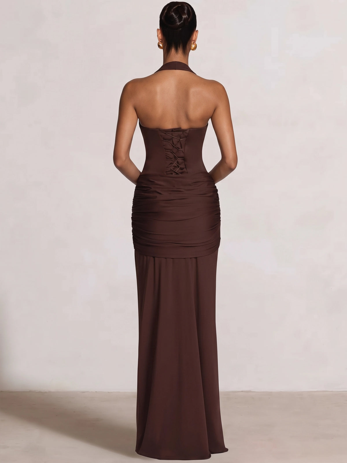 Sheath/Column Evening Dresses Draped Halter Neck Sweetheart Sleeveless Floor-Length Runched Lace-Up Formal Wedding Guest Dresses