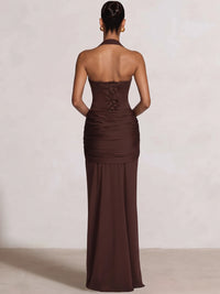 Sheath/Column Evening Dresses Draped Halter Neck Sweetheart Sleeveless Floor-Length Runched Lace-Up Formal Wedding Guest Dresses