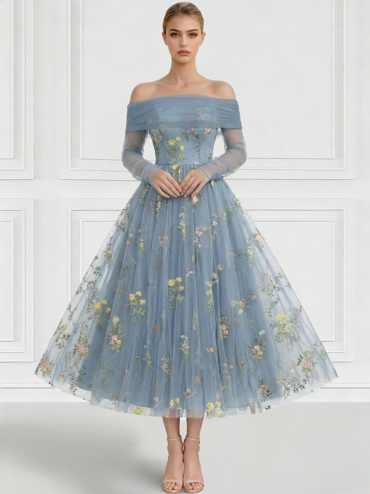 A Line Cocktail Dress Detachable With Shawl Ankle Length Elegant Dresses Formal Wedding Long Sleeve Off Shoulder Floral Embroiery Dress