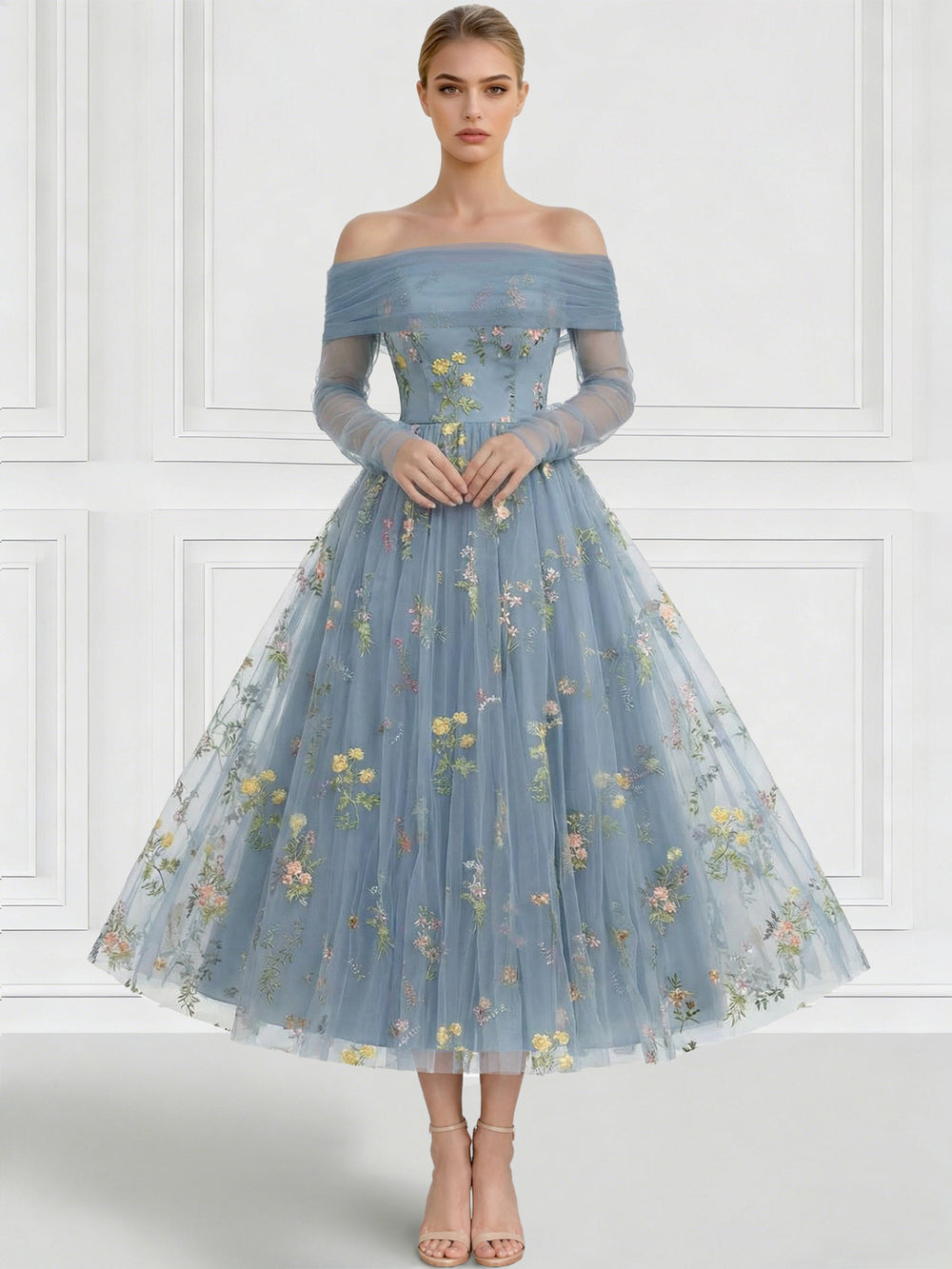 A Line Cocktail Dress Detachable With Shawl Ankle Length Elegant Dresses Formal Wedding Long Sleeve Off Shoulder Floral Embroiery Dress