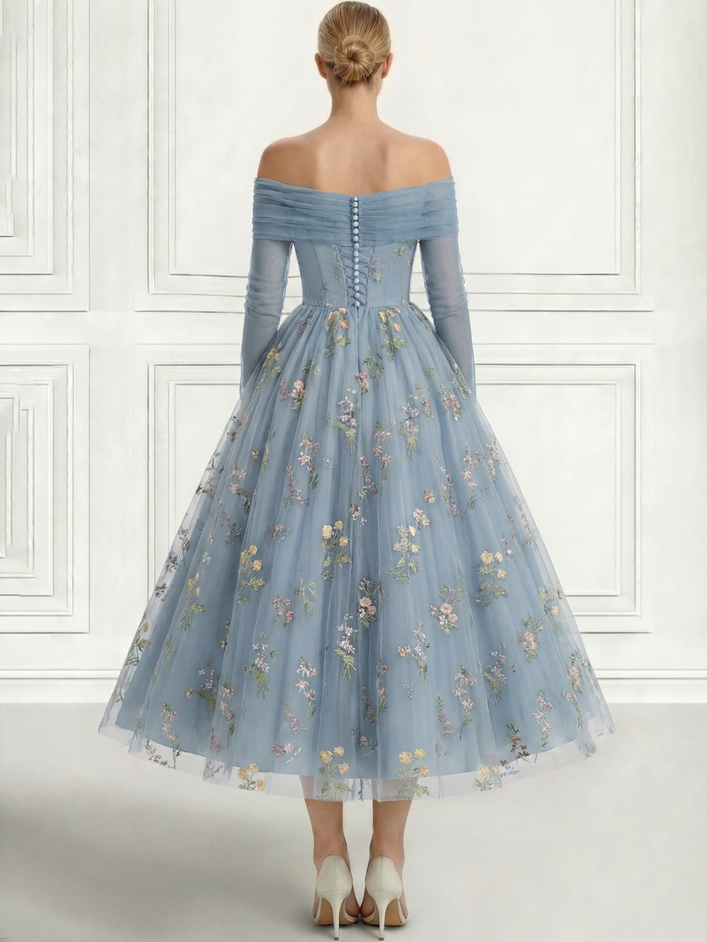 A Line Cocktail Dress Detachable With Shawl Ankle Length Elegant Dresses Formal Wedding Long Sleeve Off Shoulder Floral Embroiery Dress