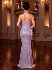 Mermaid Sequins Evening Dresses Formal Halter Sleeveless Floor-Length Sparkle Ruched Zipper