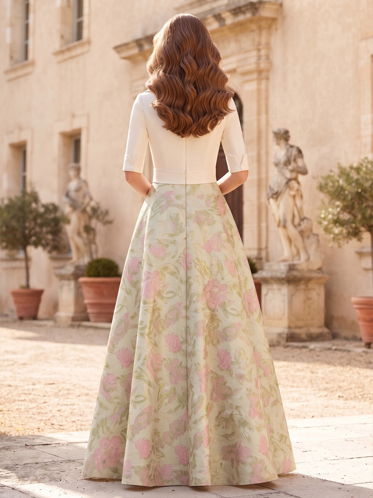 A-Line Mother Of The Bride Dress Floor-Length 1/2 Sleeves V-Neck Formal Dresses With Bowknot Pockets
