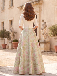 A-Line Mother Of The Bride Dress Floor-Length 1/2 Sleeves V-Neck Formal Dresses With Bowknot Pockets