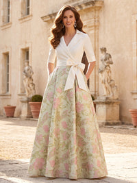 A-Line Mother Of The Bride Dress Floor-Length 1/2 Sleeves V-Neck Formal Dresses With Bowknot Pockets