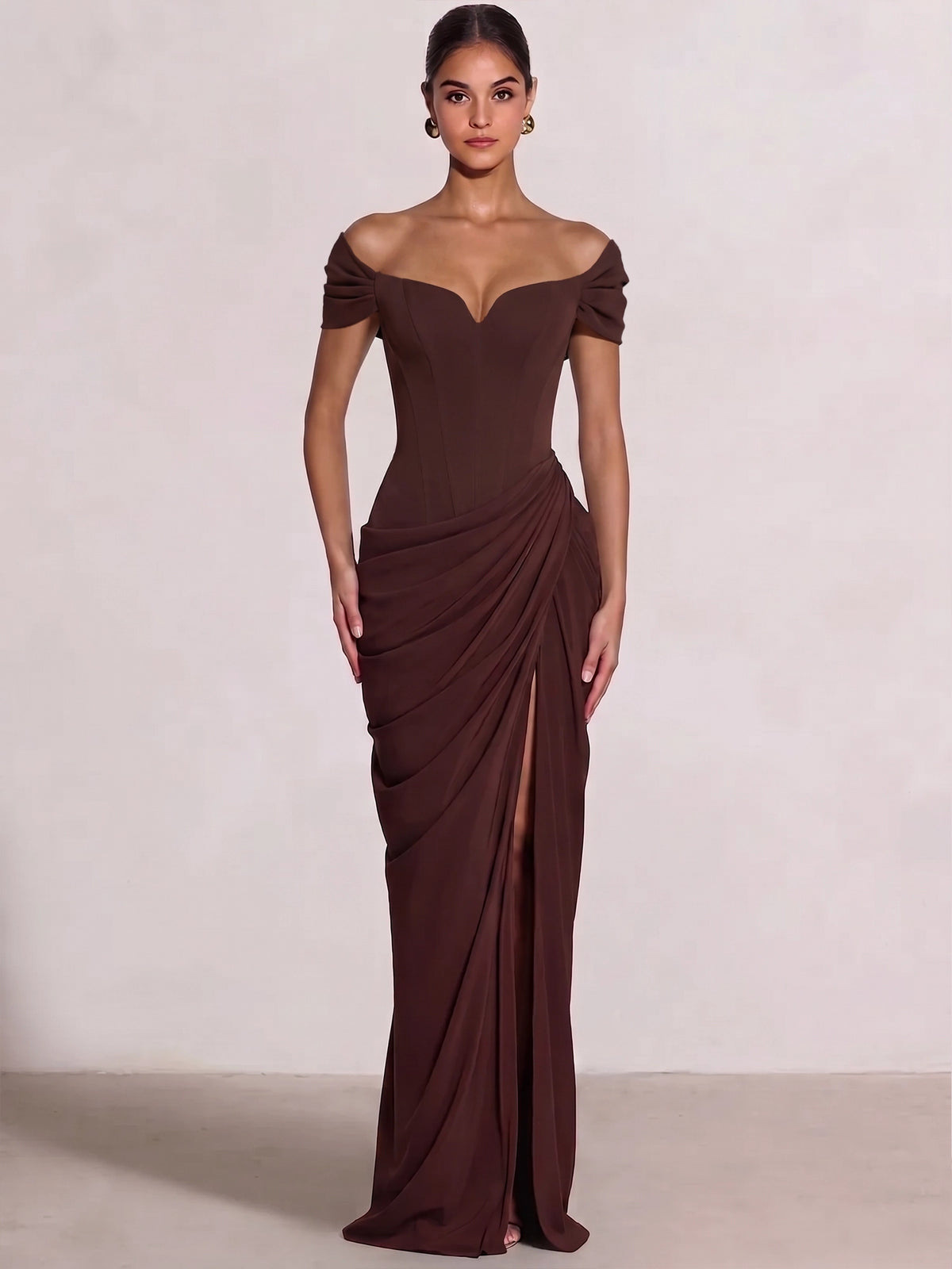 Sheath/Column Evening Dresses Off The Shoulder Sleeveless Floor-Length Runched Lace-Up Formal Wedding Guest Dresses Draped With High Slit