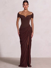 Sheath/Column Evening Dresses Off The Shoulder Sleeveless Floor-Length Runched Lace-Up Formal Wedding Guest Dresses Draped With High Slit