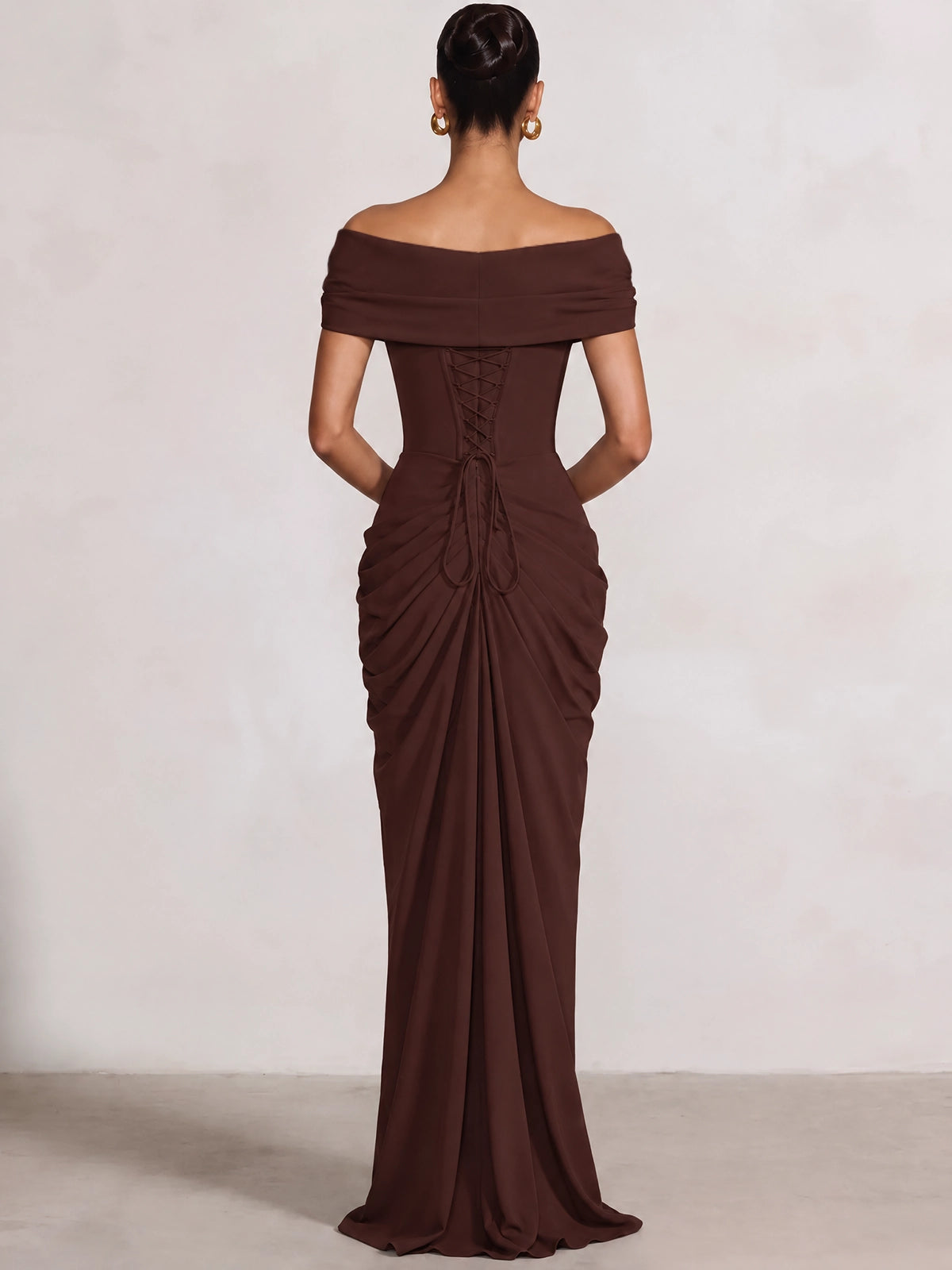 Sheath/Column Evening Dresses Off The Shoulder Sleeveless Floor-Length Runched Lace-Up Formal Wedding Guest Dresses Draped With High Slit