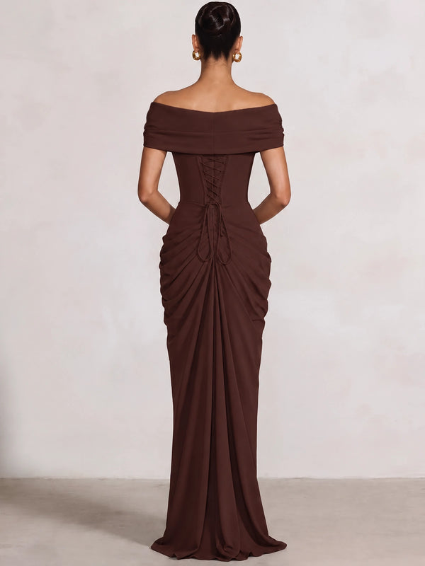 Sheath/Column Evening Dresses Off The Shoulder Sleeveless Floor-Length Runched Lace-Up Formal Wedding Guest Dresses With High Slit