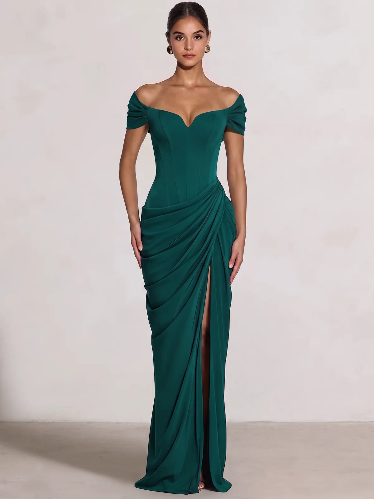 Sheath/Column Evening Dresses Off The Shoulder Sleeveless Floor-Length Runched Lace-Up Formal Wedding Guest Dresses Draped With High Slit