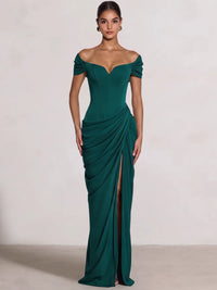 Sheath/Column Evening Dresses Off The Shoulder Sleeveless Floor-Length Runched Lace-Up Formal Wedding Guest Dresses Draped With High Slit