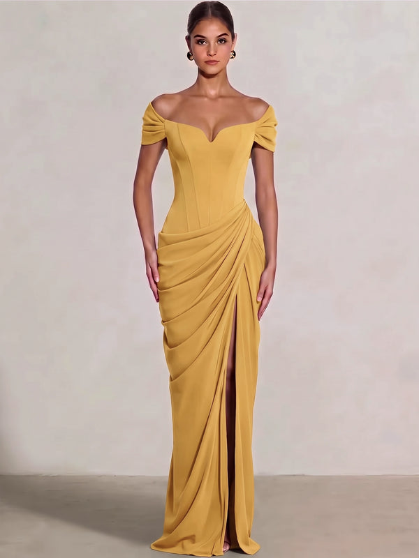 Sheath/Column Evening Dresses Off The Shoulder Sleeveless Floor-Length Runched Lace-Up Formal Wedding Guest Dresses Draped With High Slit