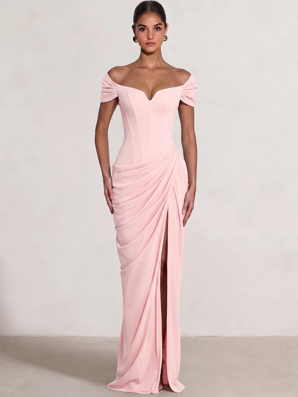Sheath/Column Evening Dresses Off The Shoulder Sleeveless Floor-Length Runched Lace-Up Formal Wedding Guest Dresses Draped With High Slit