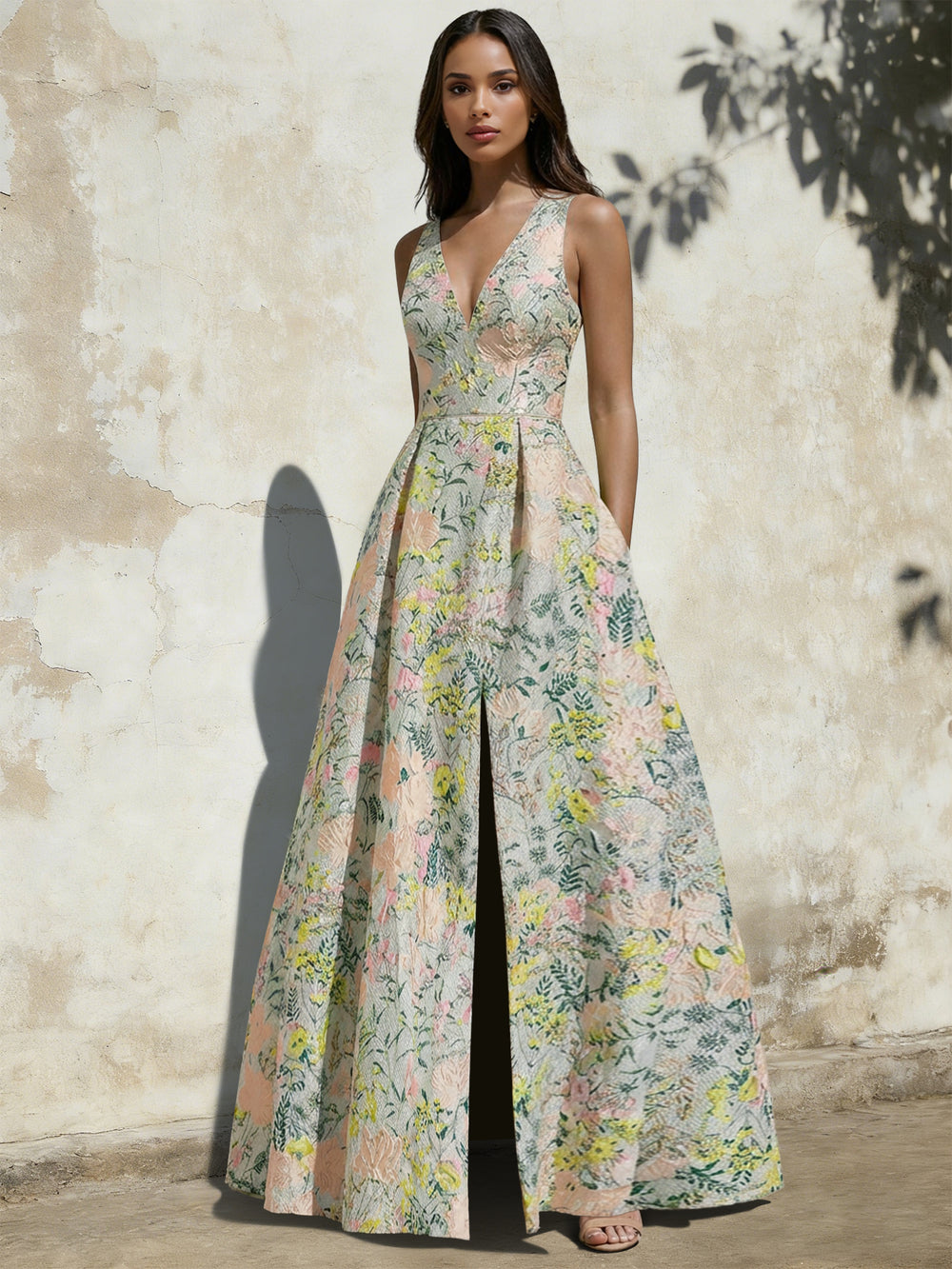 A-Line Evening Gown Elegant Jacquard Floral Dress Prom Floor Length Sleeveless V Neck with Slit Pocket Sage Wedding Guest Dress