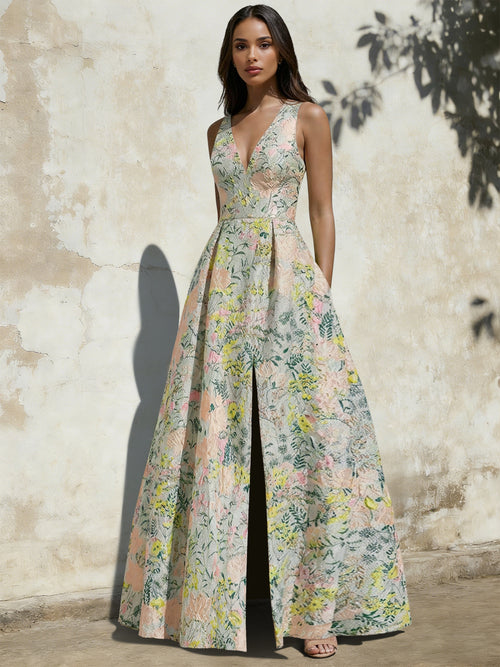 A-Line Evening Gown Elegant Jacquard Floral Dress Prom Floor Length Sleeveless V Neck with Slit Pocket Sage Wedding Guest Dress