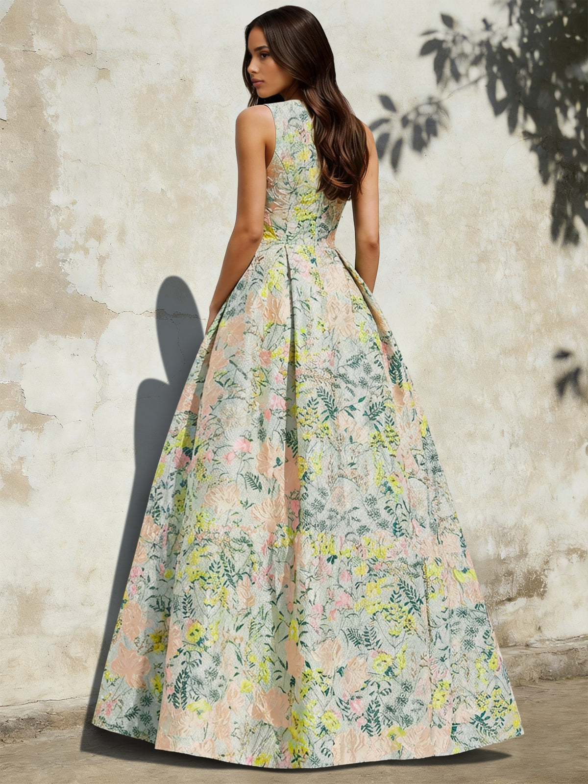 Nafori Ivory A-Line Evening Gown Elegant Jacquard Floral Dress Prom Floor Length Sleeveless V Neck with Slit Pocket Sage Wedding Guest Dress 2026