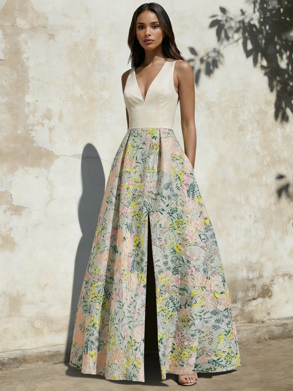 A-Line Evening Gown Elegant Jacquard Floral Dress Prom Floor Length Sleeveless V Neck with Slit Pocket Sage Wedding Guest Dress