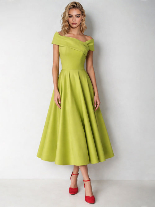 A-Line/Princess Elegant Cocktail Dress Corset Off-The-Shoulder Short Sleeves Tea-Length Satin Dress