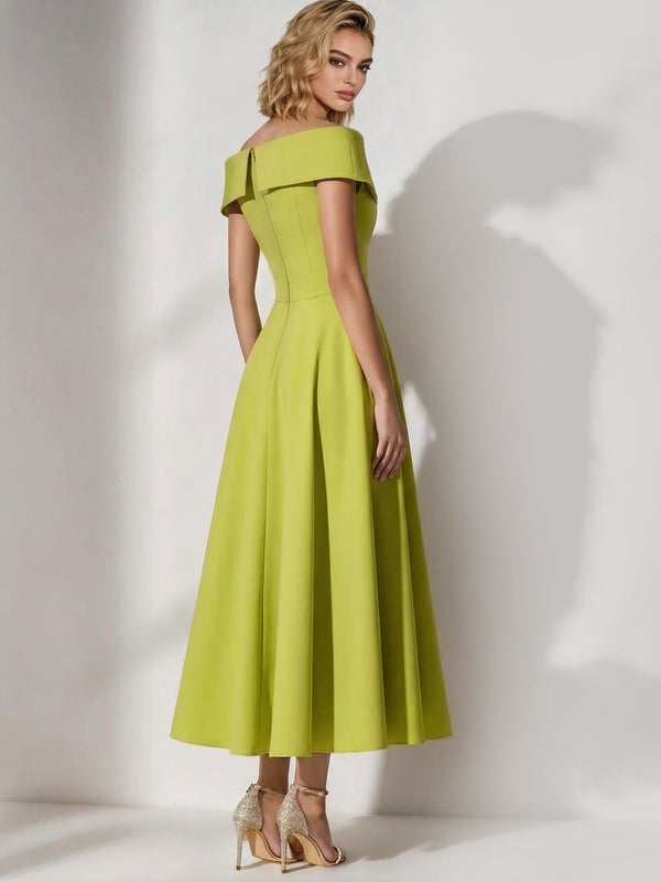 A-Line/Princess Elegant Cocktail Dress Corset Off-The-Shoulder Short Sleeves Tea-Length Satin Dress