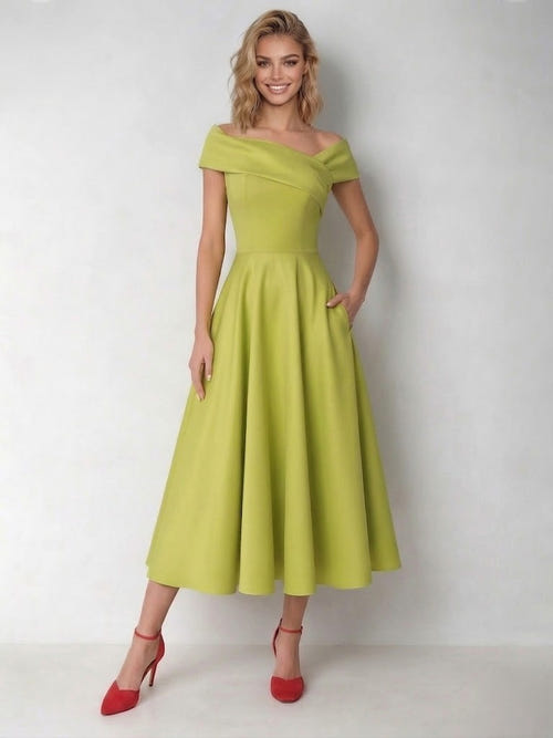 A-Line/Princess Elegant Cocktail Dress Corset Off-The-Shoulder Short Sleeves Tea-Length Satin Dress