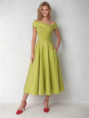 A-Line/Princess Elegant Cocktail Dress Corset Off-The-Shoulder Short Sleeves Tea-Length Satin Dress