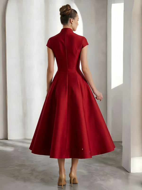 A-Line/Princess Cocktail Dresses Formal V Neck Short Sleeves Corset Tea Length with Flower