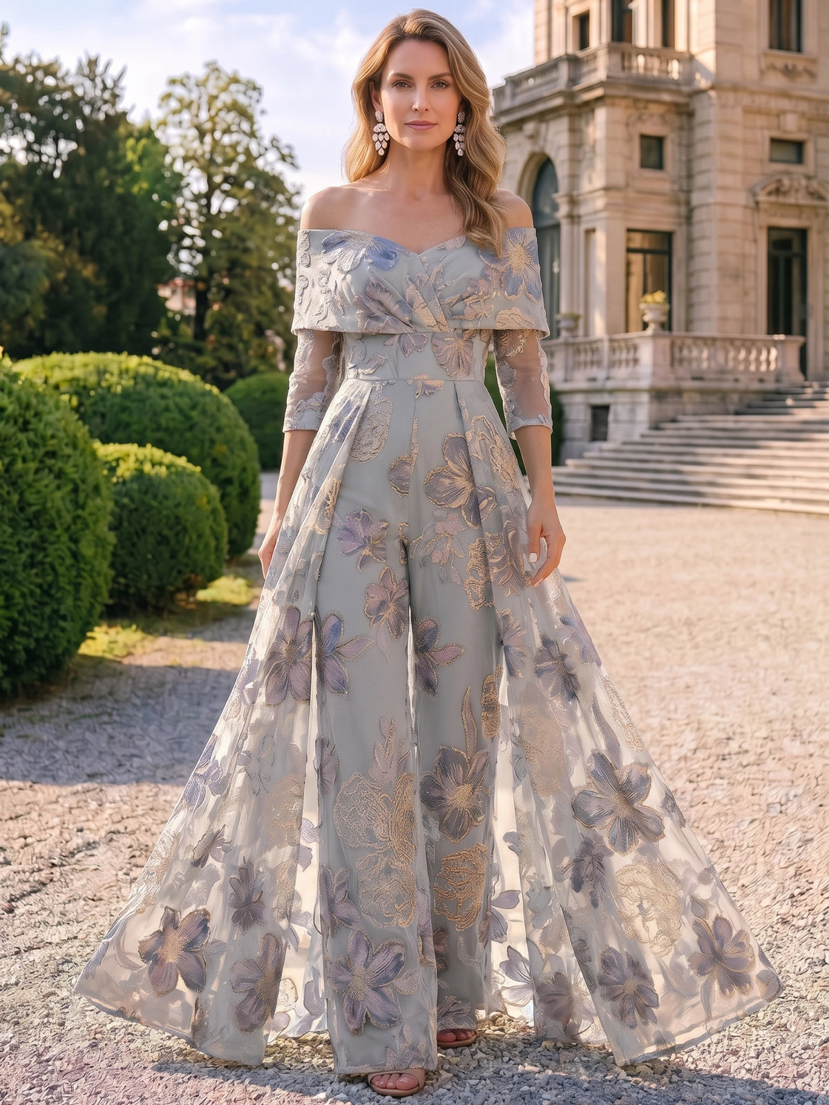 Jumpsuits Mother Of The Bride Dresses Elegant Floral Embroidery Floor-Length 1/2 Sleeves Off-The-Shoulder With Overskirt Formal Dresses