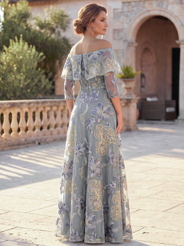 Jumpsuits Mother Of The Bride Dresses Elegant Floral Embroidery Floor-Length 1/2 Sleeves Off-The-Shoulder With Overskirt Formal Dresses