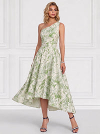 A-Line Cocktail Dresses Elegant Jacquard Tea-Length One-Shoulder Sleeveless Zipper Formal Dresses