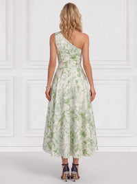 A-Line Cocktail Dresses Elegant Jacquard Tea-Length One-Shoulder Sleeveless Zipper Formal Dresses