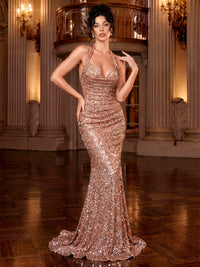 Mermaid Sequins Evening Dresses Formal Halter Sleeveless Floor-Length Sparkle Ruched Zipper