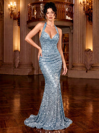 Mermaid Sequins Evening Dresses Formal Halter Sleeveless Floor-Length Sparkle Ruched Zipper
