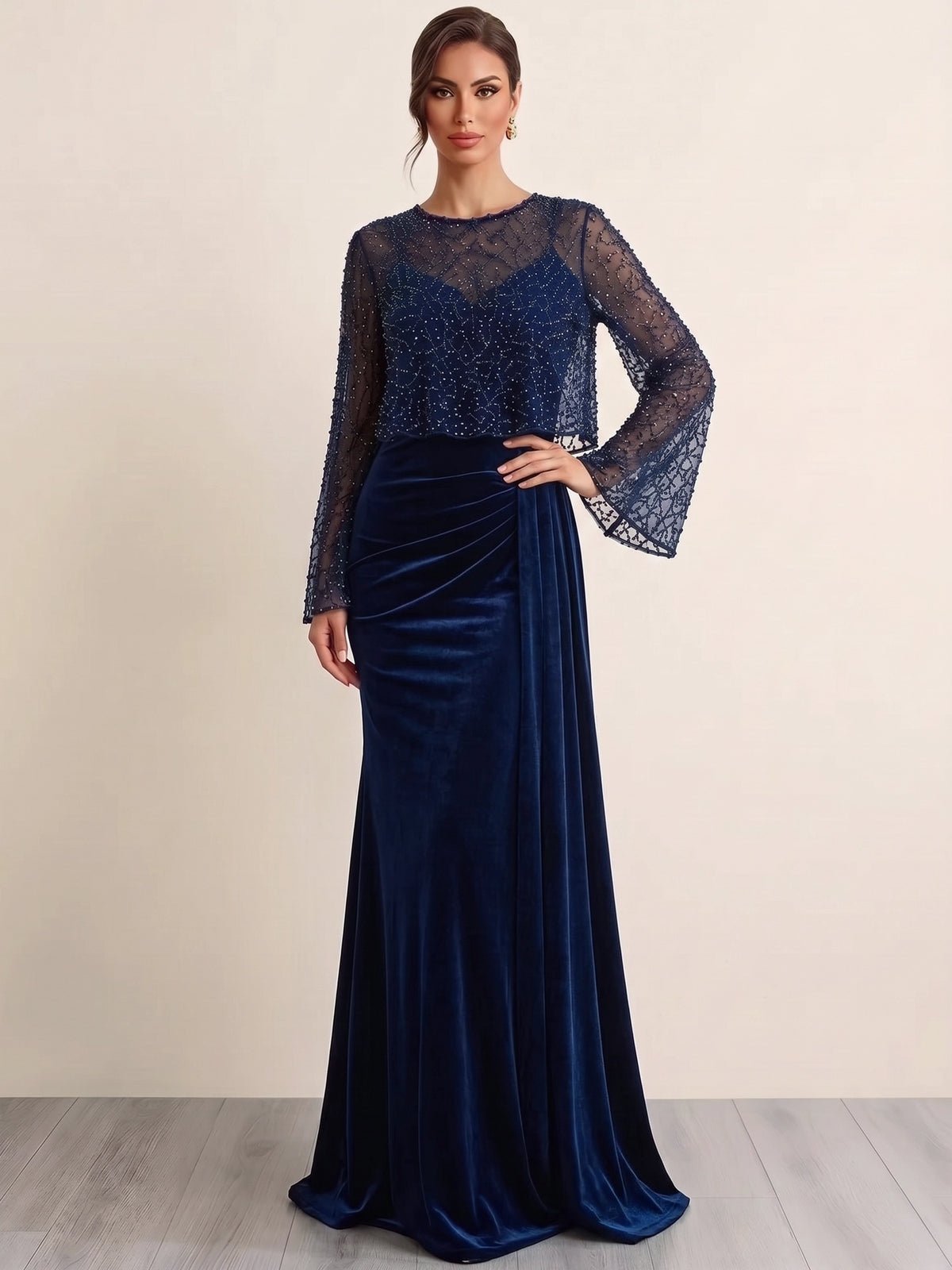 Sheath Evening Dresses Christmas Velvet Sequin Two Pieces Formal Dresses Long Sleeves Floor-Length With Cape