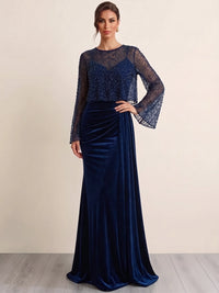 Sheath Evening Dresses Christmas Velvet Sequin Two Pieces Formal Dresses Long Sleeves Floor-Length With Cape