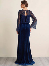 Sheath Evening Dresses Christmas Velvet Sequin Two Pieces Formal Dresses Long Sleeves Floor-Length With Cape