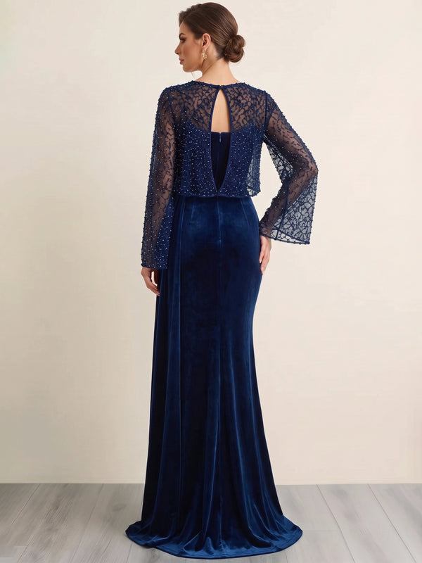 Sheath Evening Dresses Christmas Velvet Sequin Two Pieces Formal Dresses Long Sleeves Floor-Length With Cape