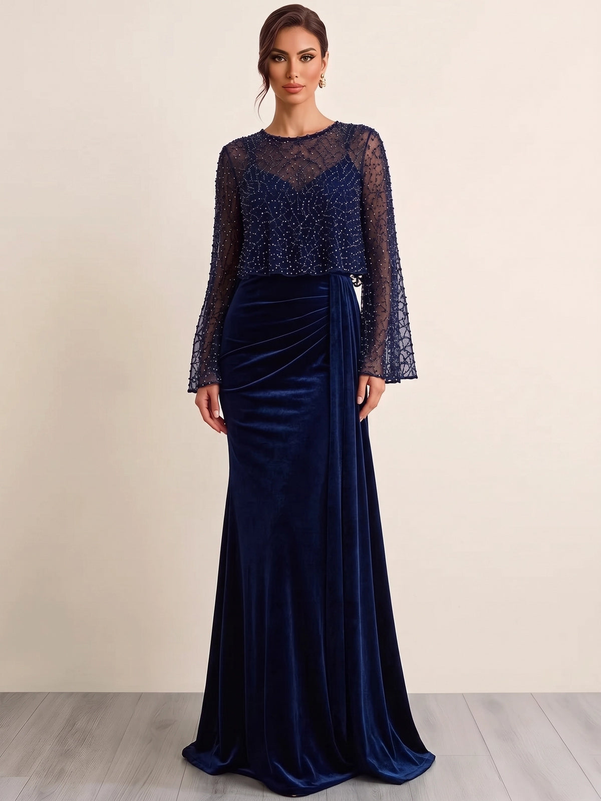 Sheath Evening Dresses Christmas Velvet Sequin Two Pieces Formal Dresses Long Sleeves Floor-Length With Cape