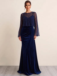 Sheath Evening Dresses Christmas Velvet Sequin Two Pieces Formal Dresses Long Sleeves Floor-Length With Cape