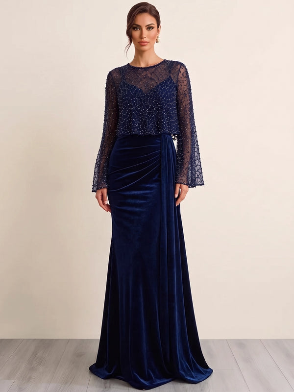 Sheath Evening Dresses Christmas Velvet Sequin Two Pieces Formal Dresses Long Sleeves Floor-Length With Cape