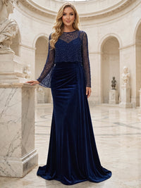 Sheath Evening Dresses Christmas Velvet Sequin Two Pieces Formal Dresses Long Sleeves Floor-Length With Cape